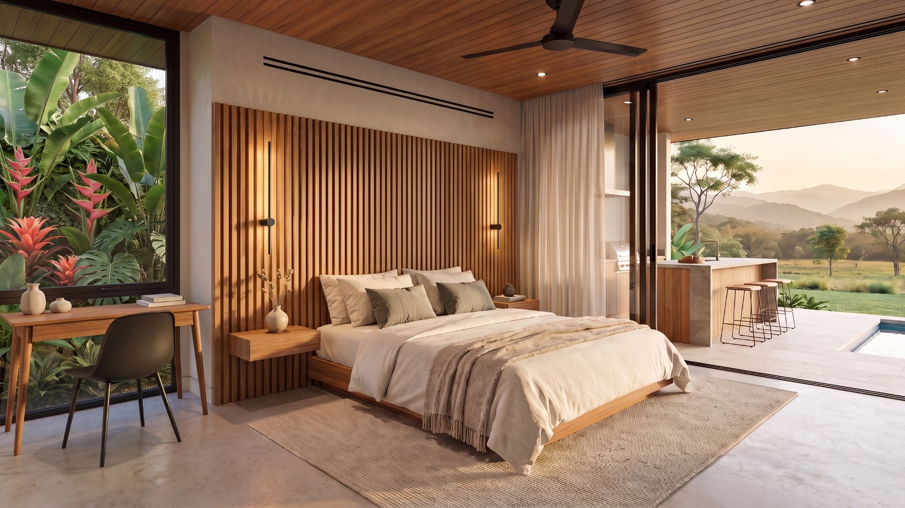 A guest bedroom with its own view over the valley.