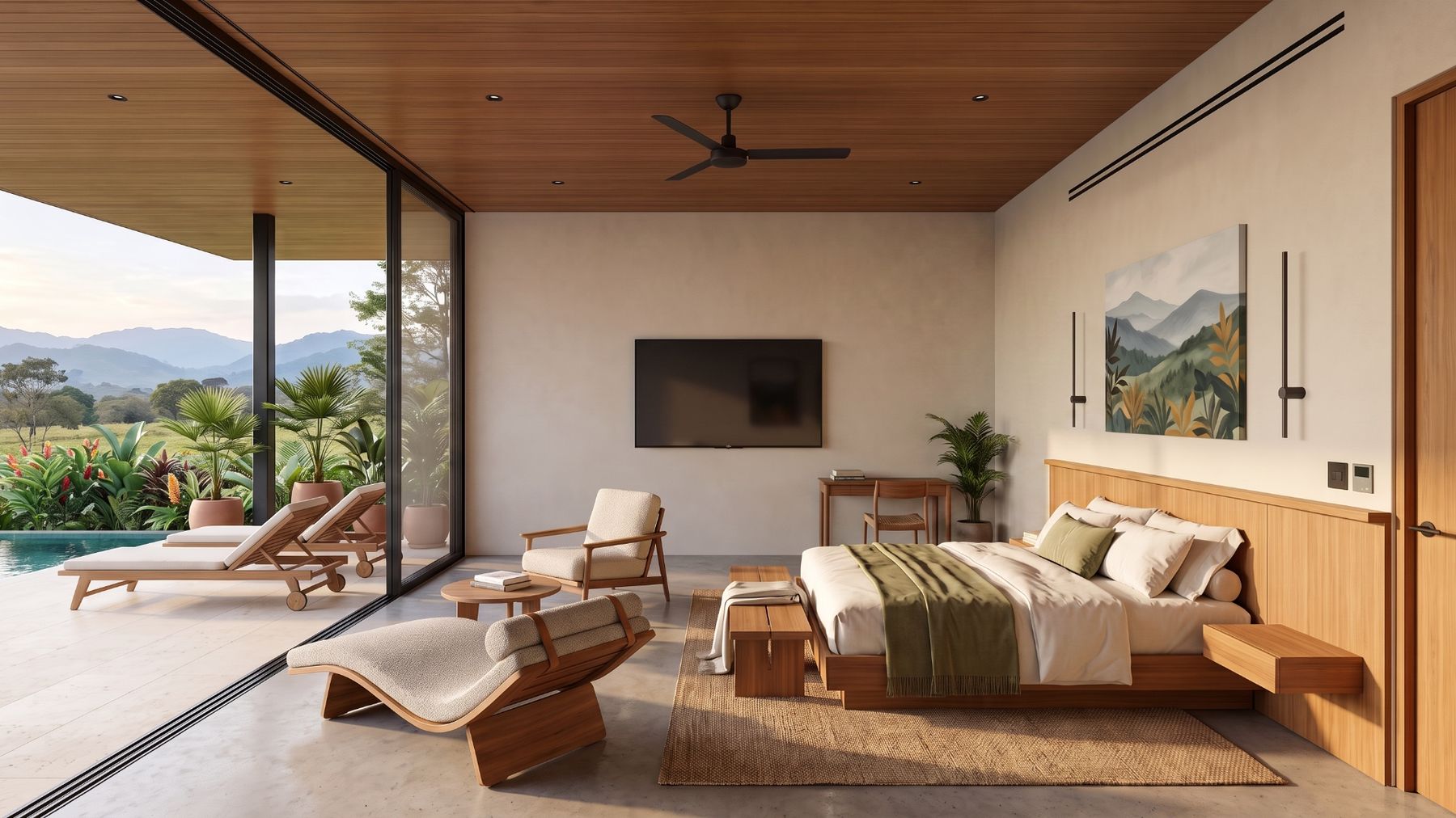 The master bedroom, opening onto the pool terrace.