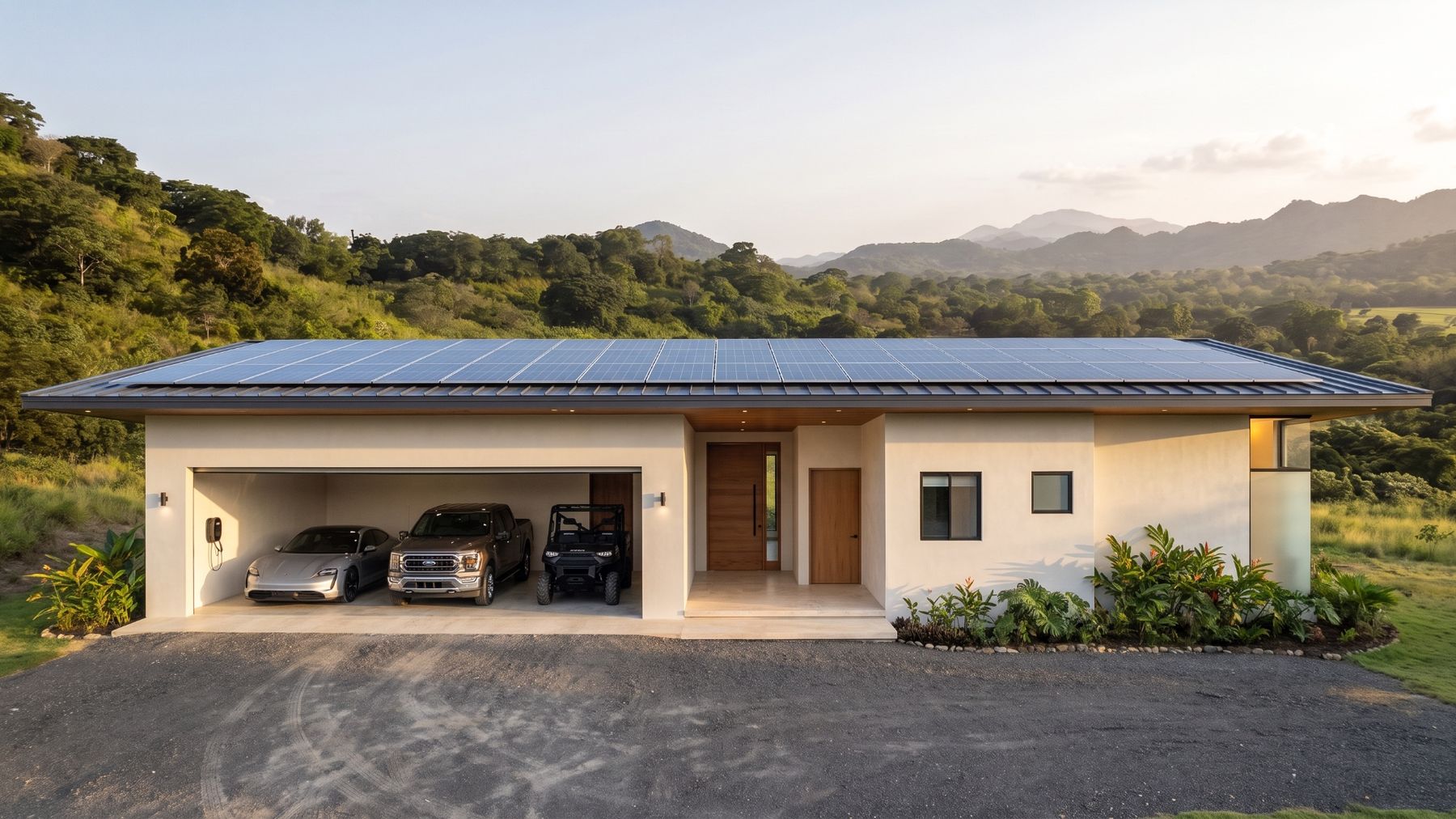 The arrival elevation and the three-car garage with EV charging.